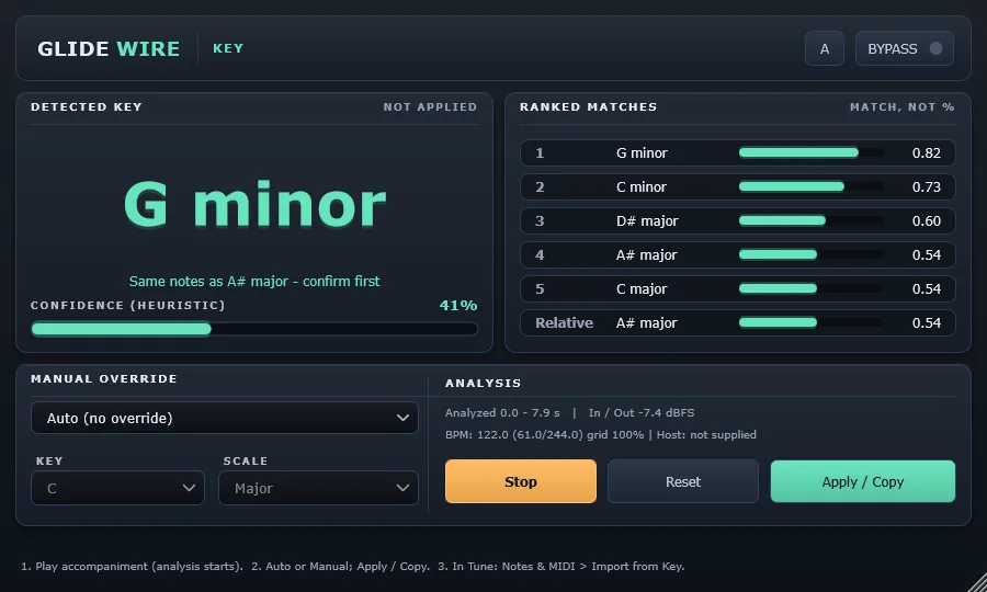Glidewire Key plugin window that has detected G minor at 122 BPM from a beat, with ranked key matches