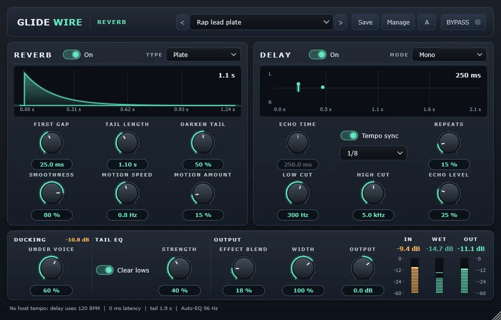 Glidewire Reverb plugin window with reverb and delay sections